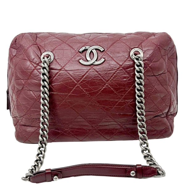 CHANEL Secret Large Aged Calfskin Quilted Leather Tote Bowling Bag Burgundy