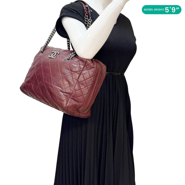 CHANEL Secret Large Aged Calfskin Quilted Leather Tote Bowling Bag Burgundy
