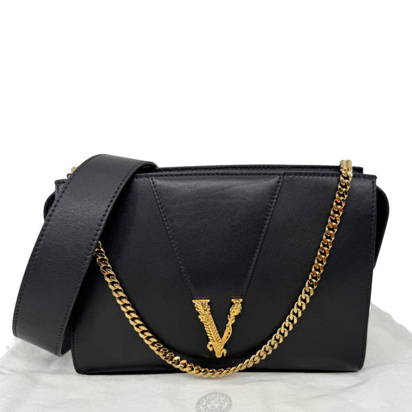 VERSACE Virtus Zip Small Leather Chain Shoulder Bag Black