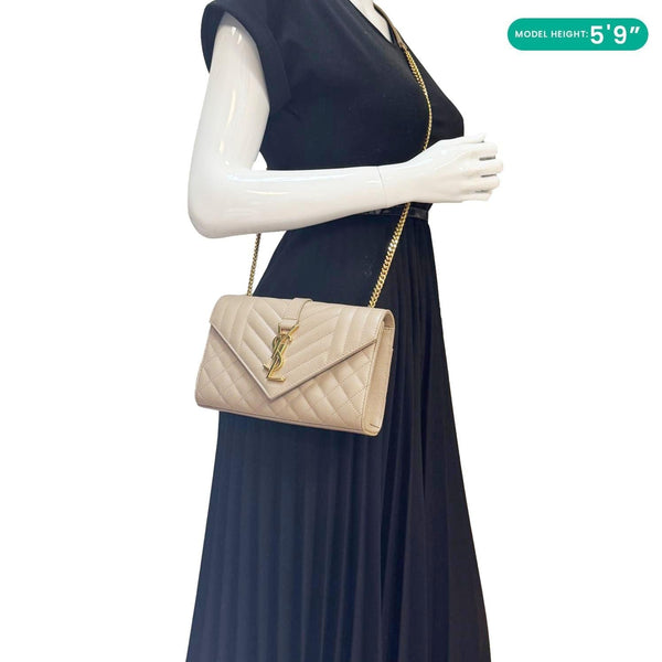 YVES SAINT LAURENT Envelope Monogram Mix Matelasse Leather Wallet on Chain Beige