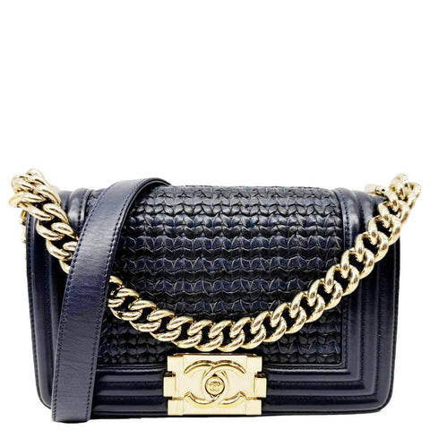 CHANEL Boy Small Braided Leather Shoulder Bag Navy Blue