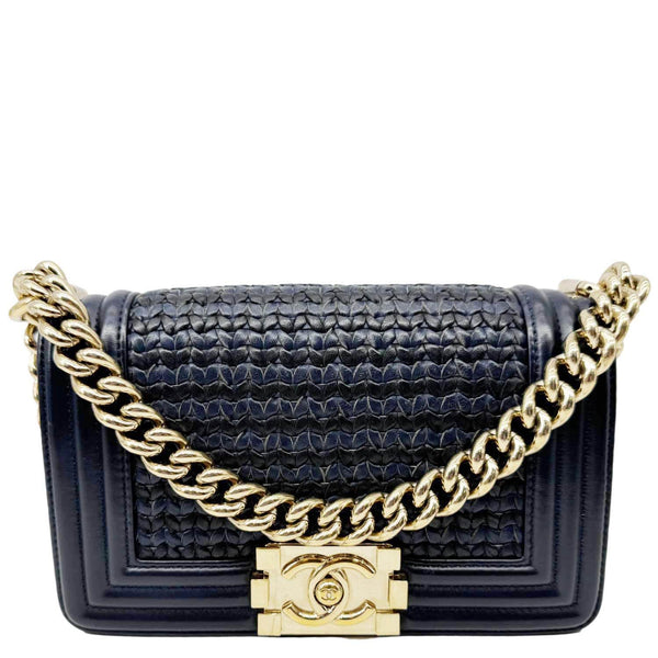 CHANEL Boy Small Braided Leather Shoulder Bag Navy Blue