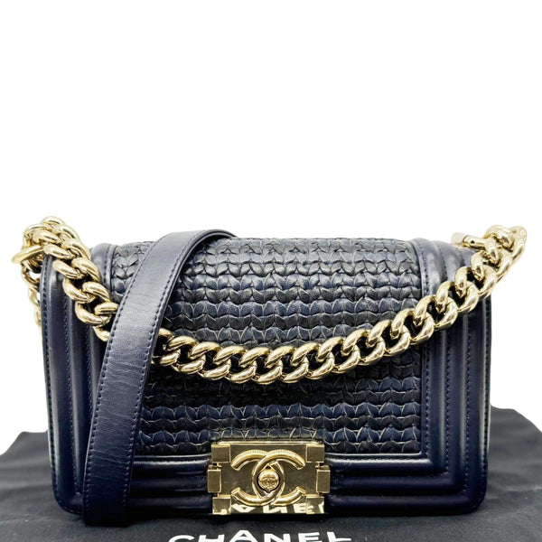 CHANEL Boy Small Braided Leather Shoulder Bag Navy Blue