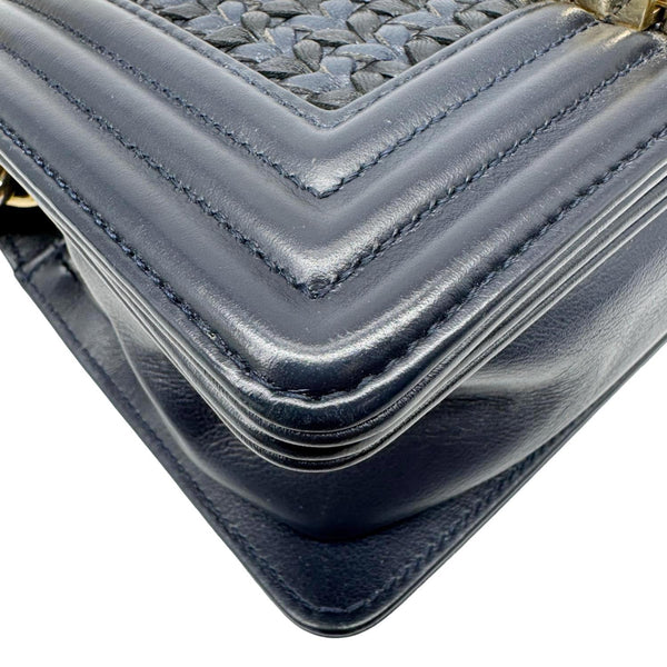 CHANEL Boy Small Braided Leather Shoulder Bag Navy Blue