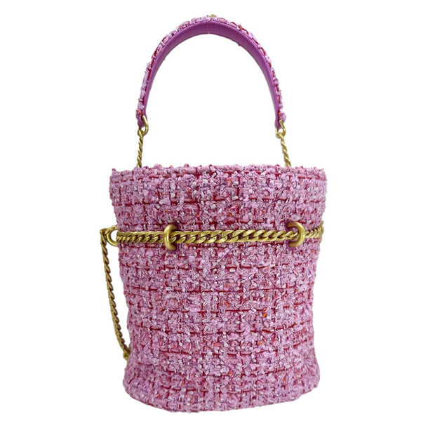 CHANEL Pending CC Tweed Enamel Drawstring Tote Bucket Bag Pink