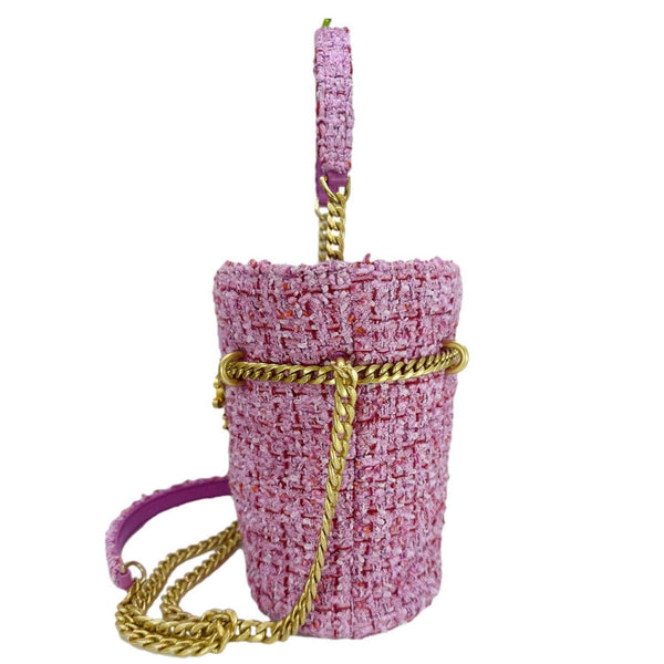 CHANEL Pending CC Tweed Enamel Drawstring Tote Bucket Bag Pink