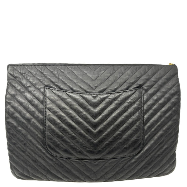 CHANEL O Clutch Chevron Leather Clutch Bag Black