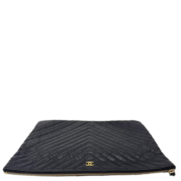 CHANEL O Clutch Chevron Leather Clutch Bag Black