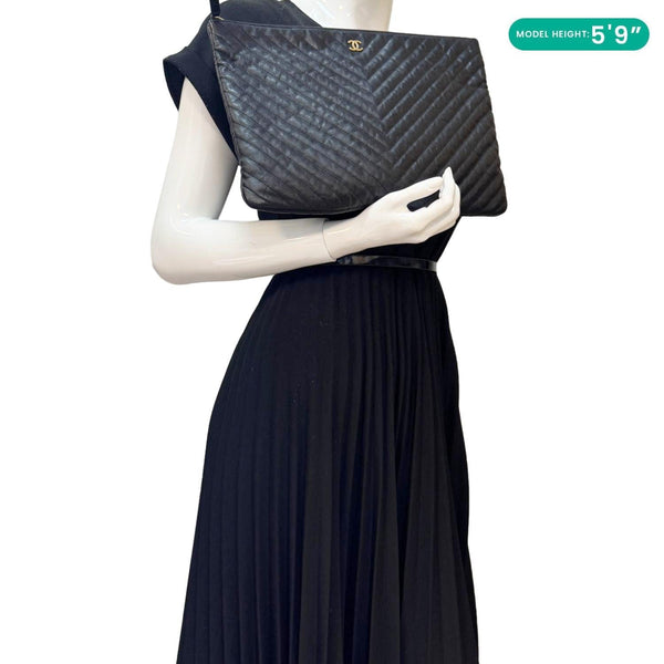 CHANEL O Clutch Chevron Leather Clutch Bag Black