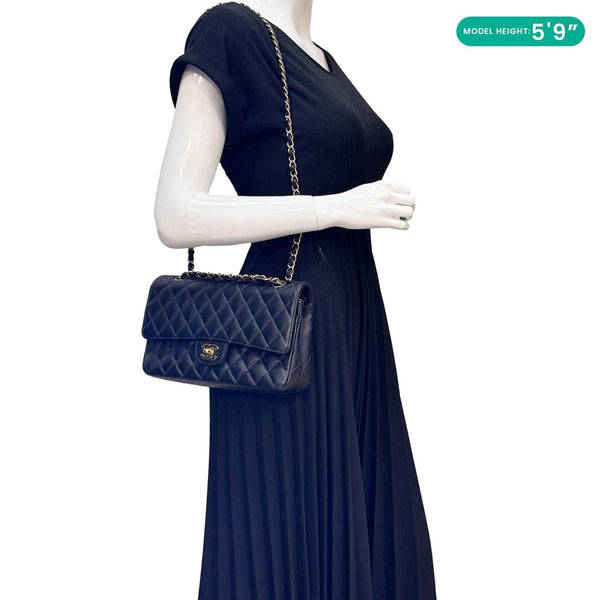 CHANEL Classic Double Flap Quilted Caviar Leather Shoulder Bag Black