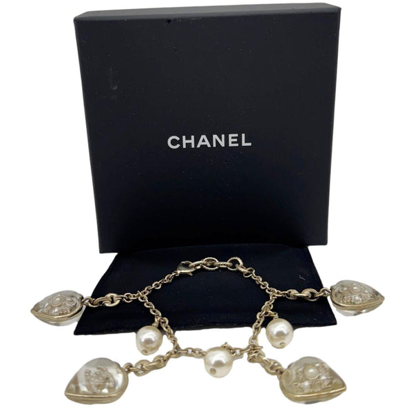 CHANEL Crystal Pearl Heart CC Charm Bracelet Off White