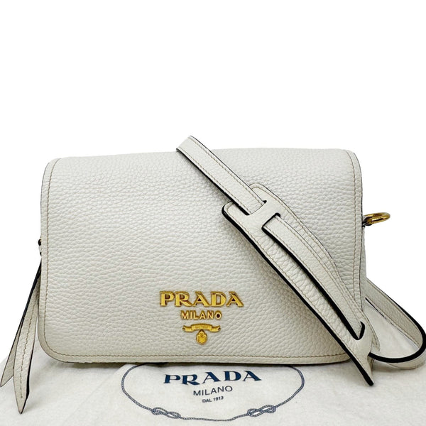 PRADA Vitello Phenix Flap Leather Crossbody Bag White