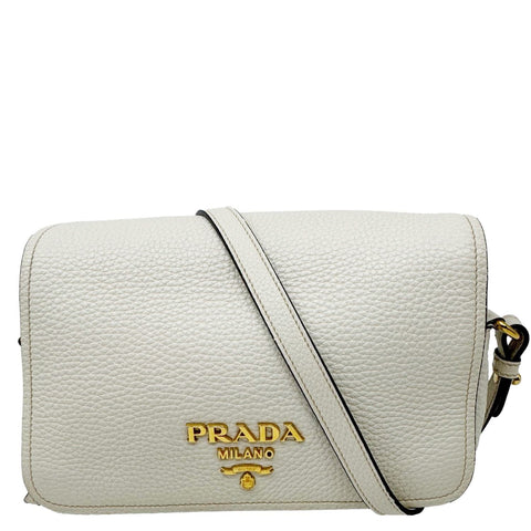 PRADA Vitello Phenix Flap Leather Crossbody Bag White