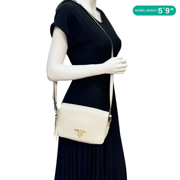 PRADA Vitello Phenix Flap Leather Crossbody Bag White