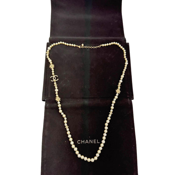 CHANEL Pearl CC Star Charm Long Necklace Off White