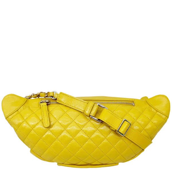CHANEL Crumpled Glazed Lambskin Quilted Leather Waist Bag Yellow