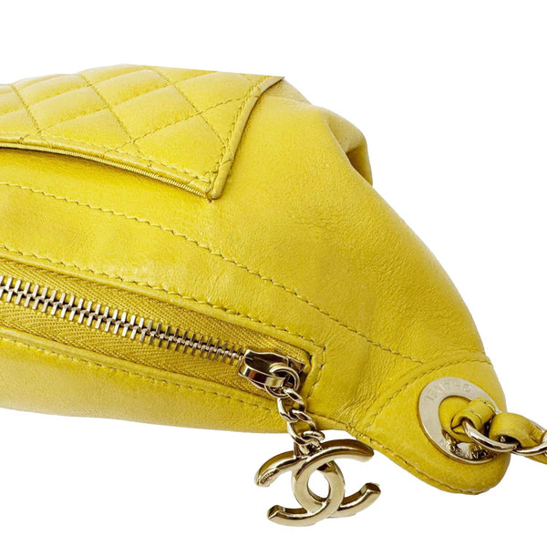CHANEL Crumpled Glazed Lambskin Quilted Leather Waist Bag Yellow