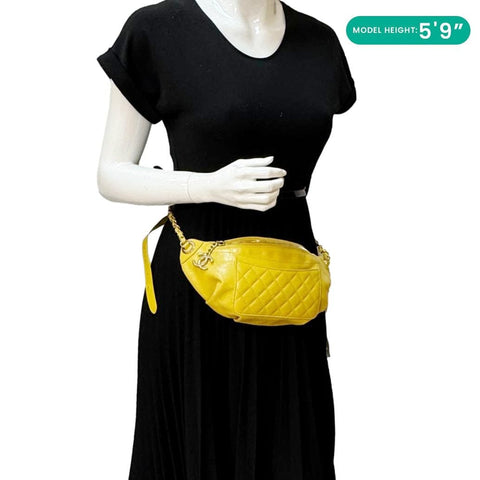 CHANEL Crumpled Glazed Lambskin Quilted Leather Waist Bag Yellow