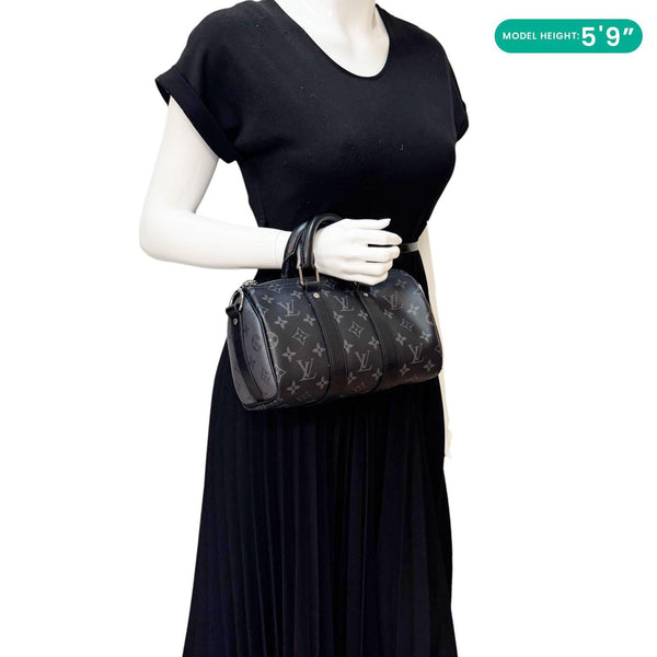 LOUIS VUITTON Keepall 25 Bandouliere Monogram Eclipse Reverse Canvas Satchel Bag Black