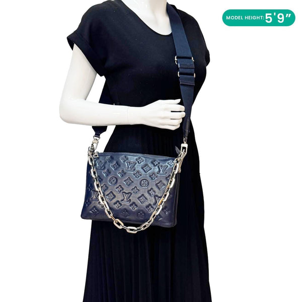LOUIS VUITTON Coussin PM Monogram Embossed Leather Shoulder Bag Navy Blue