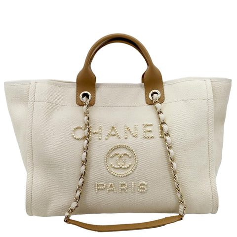 CHANEL Deauville Large Pearl Embellished Canvas Tote Bag Off White