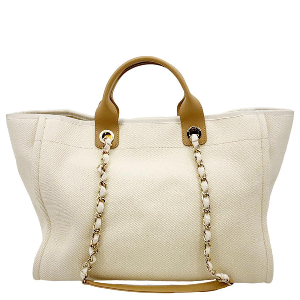 CHANEL Deauville Large Pearl Embellished Canvas Tote Bag Off White