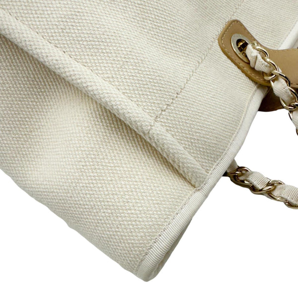 CHANEL Deauville Large Pearl Embellished Canvas Tote Bag Off White