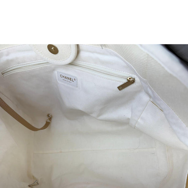 CHANEL Deauville Large Pearl Embellished Canvas Tote Bag Off White