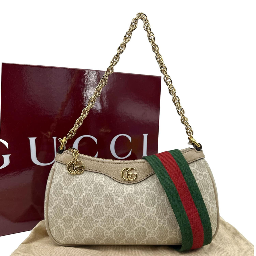 GUCCI Ophidia Web Small GG Supreme Canvas Shoulder Bag Beige 735132