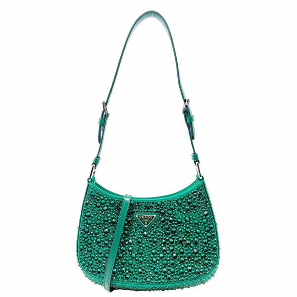 PRADA Cleo Cristal Embellished Satin Shoulder Bag Emerald Green