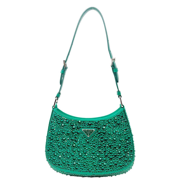 PRADA Cleo Cristal Embellished Satin Shoulder Bag Emerald Green