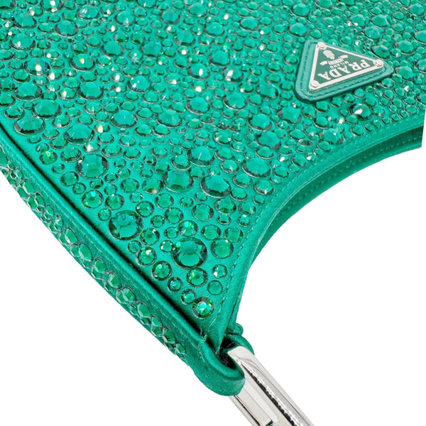 PRADA Cleo Cristal Embellished Satin Shoulder Bag Emerald Green