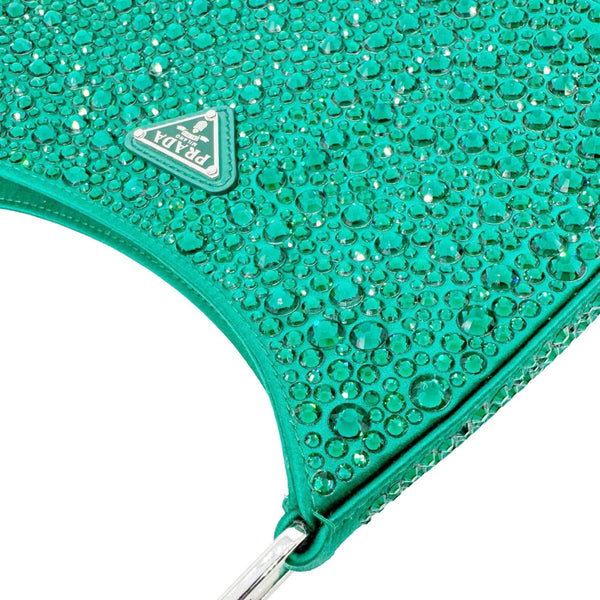 PRADA Cleo Cristal Embellished Satin Shoulder Bag Emerald Green