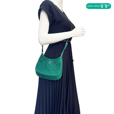 PRADA Cleo Cristal Embellished Satin Shoulder Bag Emerald Green