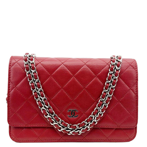 CHANEL Classic Flap Quilted Leather Wallet On Chain Red