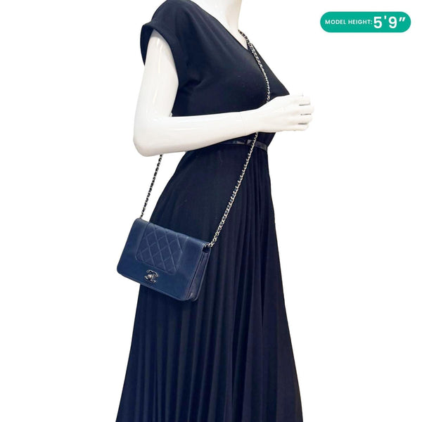 CHANEL Mademoiselle Vintage Flap Quilted Sheepskin Crossbody Bag Navy Blue