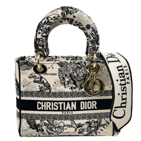 CHRISTIAN DIOR Lady D-Lite Medium Embroidered Zodiac Toile De Jouy Shoulder Bag White