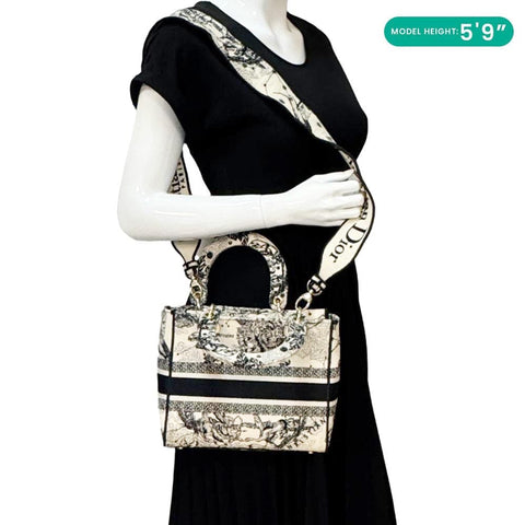 CHRISTIAN DIOR Lady D-Lite Medium Embroidered Zodiac Toile De Jouy Shoulder Bag White