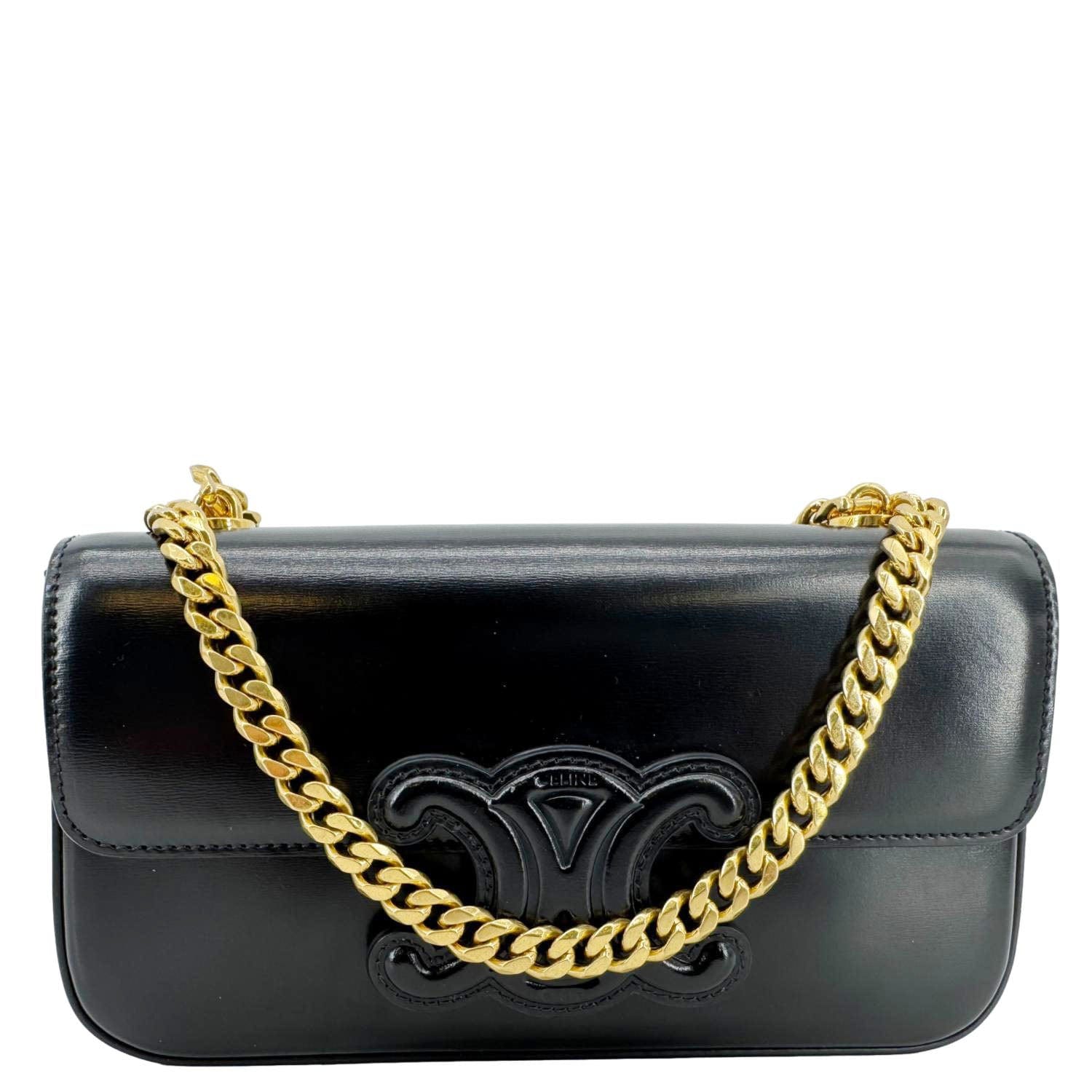 CELINE Triomphe Claude Shiny Leather Chain Shoulder Bag Black