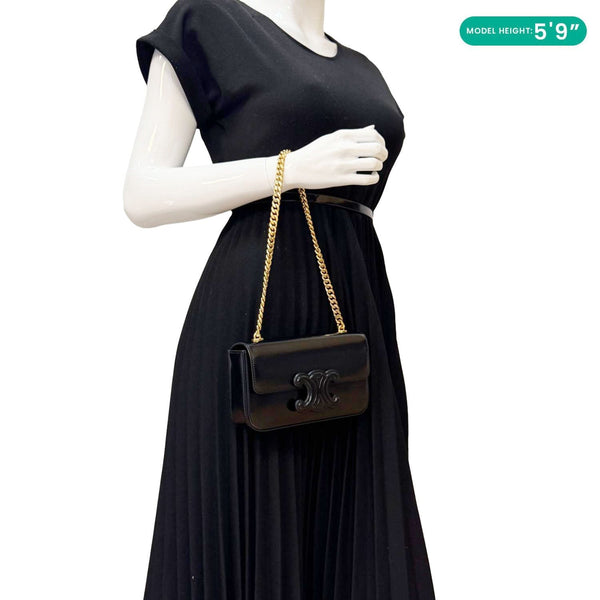 CELINE Triomphe Claude Shiny Leather Chain Shoulder Bag Black