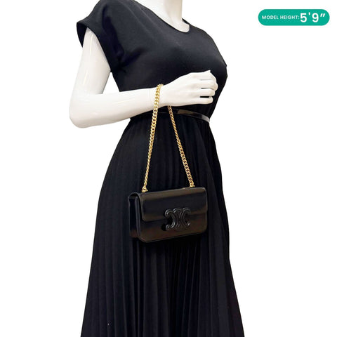 CELINE Triomphe Claude Shiny Leather Chain Shoulder Bag Black