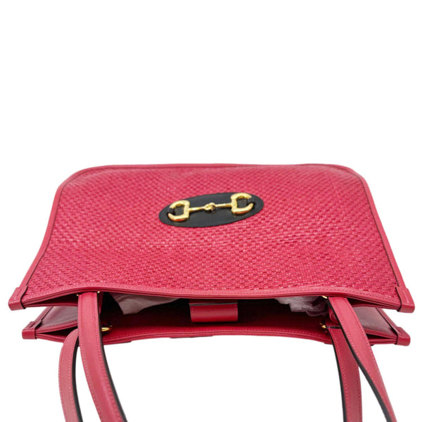GUCCI Horsebit 1955 Medium Raffia Leather Tote Bag Red 623694