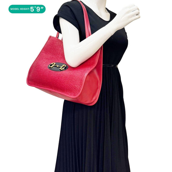 GUCCI Horsebit 1955 Medium Raffia Leather Tote Bag Red 623694