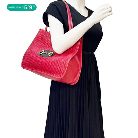 GUCCI Horsebit 1955 Medium Raffia Leather Tote Bag Red 623694