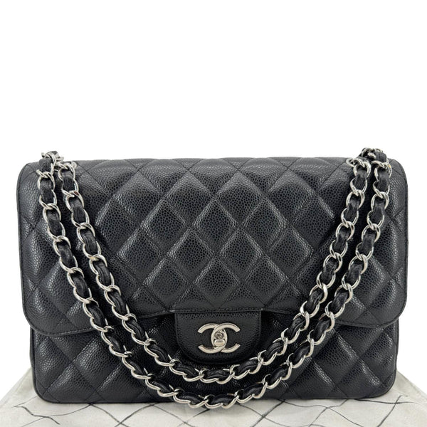 CHANEL Classic Jumbo Double Flap Quilted Caviar Leather Shoulder Bag Black
