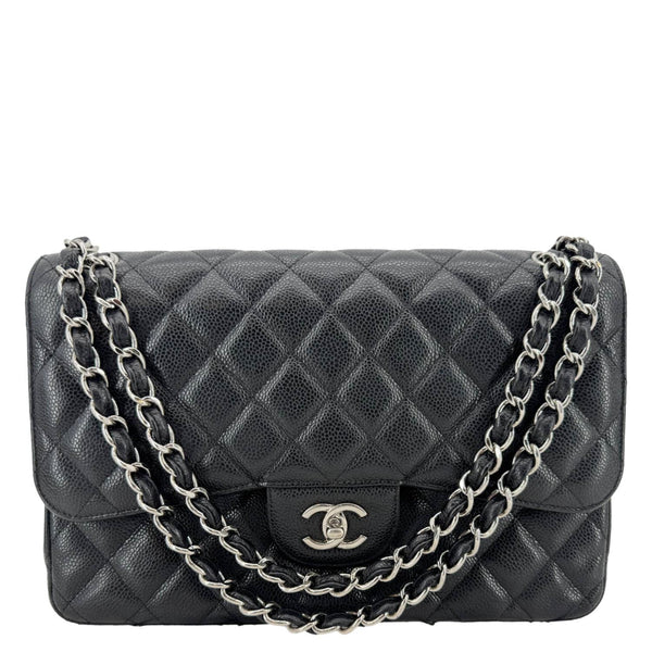 CHANEL Classic Jumbo Double Flap Quilted Caviar Leather Shoulder Bag Black