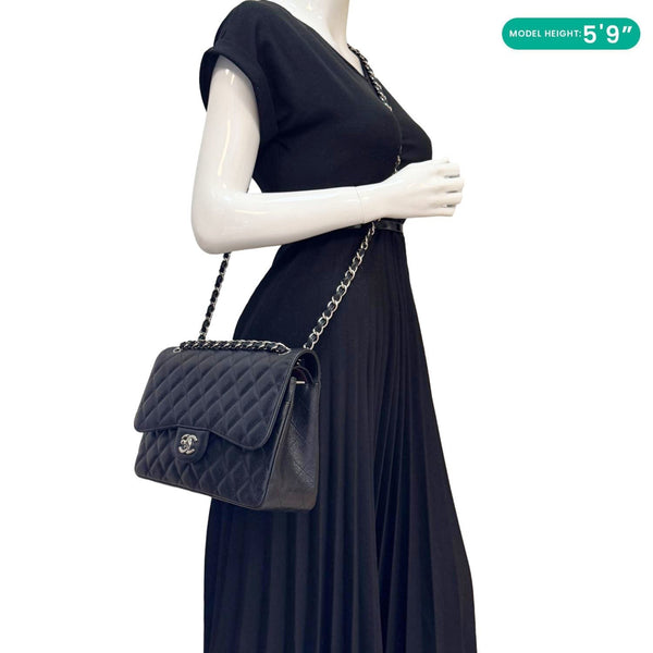 CHANEL Classic Jumbo Double Flap Quilted Caviar Leather Shoulder Bag Black