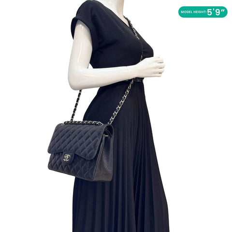 CHANEL Classic Jumbo Double Flap Quilted Caviar Leather Shoulder Bag Black