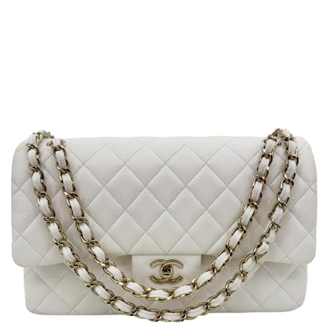 CHANEL Classic Double Flap Quilted Caviar Leather Shoulder Bag White