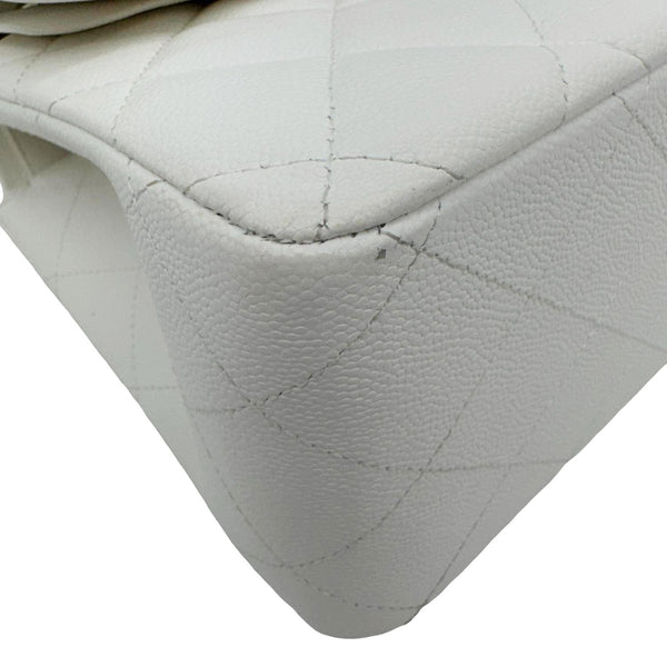 CHANEL Classic Double Flap Quilted Caviar Leather Shoulder Bag White